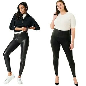 SPANX Black Faux Leather Leggings Shaping Contoured Stretchy Power Waistband M